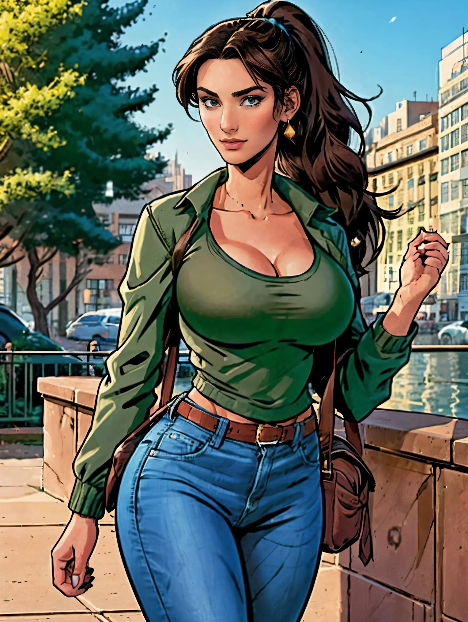 (masterpiece, top quality, best quality, official art, beautiful and aesthetic:1.2), (1girl:1.3), dark brown hair pulled back, elegant updo, extremely detailed, portrait, looking at viewer, facing viewer, solo, (full body:0.6), detailed background, close up, kindly eyes, (warm summer park theme:1.1), busty woman, charlatan, smirk, mysterious, long hair, huge ponytail, slim, thin, athletic, womanly, elastic woman, dark green jacket, tank top, blue jeans, hair bandana, bra imprint through top, camera bag, brunette, city, heroic, cheerful, city exterior, park, street, daylight, soft lighting, natural lighting, athletic, strong, slim waist, slim hips, long legs, muscular legs, modern (city park exterior:1.1) background, bright mysterious lighting, shadows, magical atmosphere, dutch angle, 