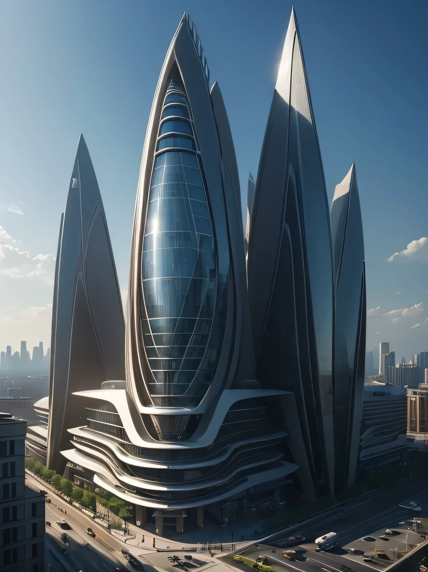 ((masterpiece、highest quality、Very detailed、High resolution、Photorealistic、Sharp focus、Cinema Lighting))、one building、A beautiful building in the center of the image、Designed by Zaha Hadid、Future city skyscrapers、Futuristic Building、modern buildings、Sidewalks around the building、imagine、fusion of the future and the past、Hanging Gardens of Babylon、sustainability、Future Technology、architectural creativity、new culture、self-sufficient、Golden Ratio、Blurred Background、Wide-angle shooting、Natural Color、Calm colors、EdobSyFyCityLandscap
