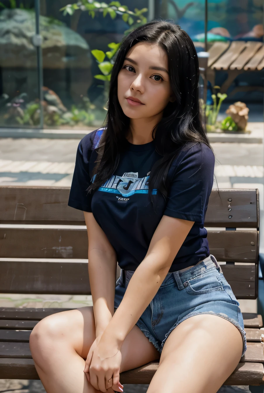 woman, black hair, blue denim shorts, purple t-shirt, sitting on a bench, looking at the camera, aquarium background