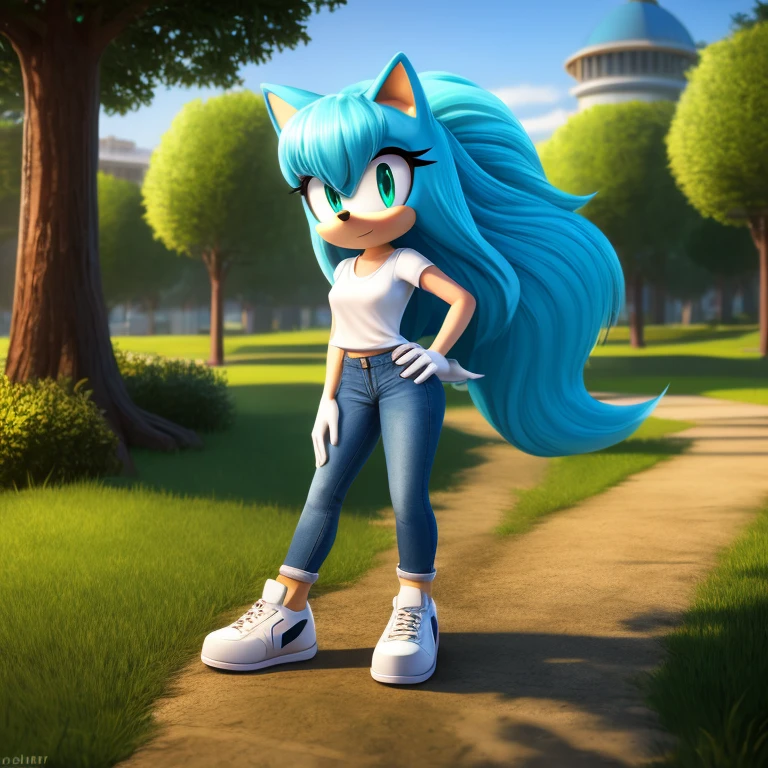 Sonic_(series), mobian, arctic fox, 1girl, solo, masterpiece, high quality, studio quality, intricate details, 4k, best quality, ultra-detailed, cinematic lighting, beautiful lighting, hi res, detailed, detailed background, vibrant lighting, white shirt, jeans, jean jacket, park, path, lamp post, trees, grass, standing, white sneakers, white gloves, cute, beautiful, small waist, wavy bangs, long hair, fluffy hair, long tail, fluffy tail, aqua hair, aqua eyes, white fur, white skin