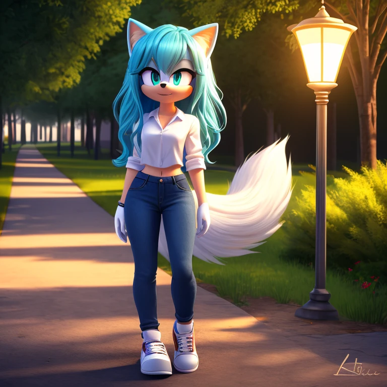 Sonic_(series), mobian, arctic fox, 1girl, solo, masterpiece, high quality, studio quality, intricate details, 4k, best quality, ultra-detailed, cinematic lighting, beautiful lighting, hi res, detailed, detailed background, vibrant lighting, white shirt, jeans, jean jacket, park, path, lamp post, trees, grass, standing, white sneakers, white gloves, cute, beautiful, small waist, wavy bangs, long hair, fluffy hair, long tail, fluffy tail, aqua hair, aqua eyes, white fur, white skin