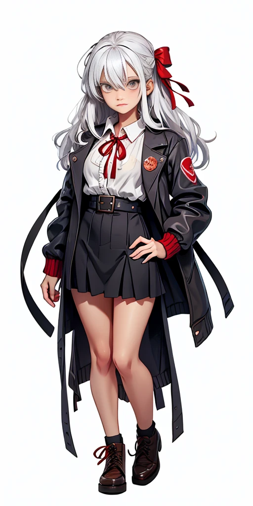 ((casual-style)), 1girl, solo, white hair, shirt, red ribbon, ribbon, looking at viewer, long hair, full body, white eyes, white shirt, grey eyes, hair between eyes, neck ribbon, collared shirt, cardigan, closed mouth, expressionless, jacket, simple background, frills, bangs, white background, long sleeves