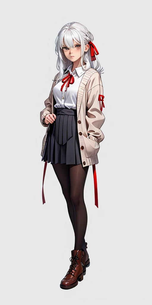 ((casual-style)), 1girl, solo, white hair, shirt, red ribbon, ribbon, looking at viewer, long hair, full body, white eyes, white shirt, grey eyes, hair between eyes, neck ribbon, collared shirt, cardigan, closed mouth, expressionless, jacket, simple background, frills, bangs, white background, long sleeves