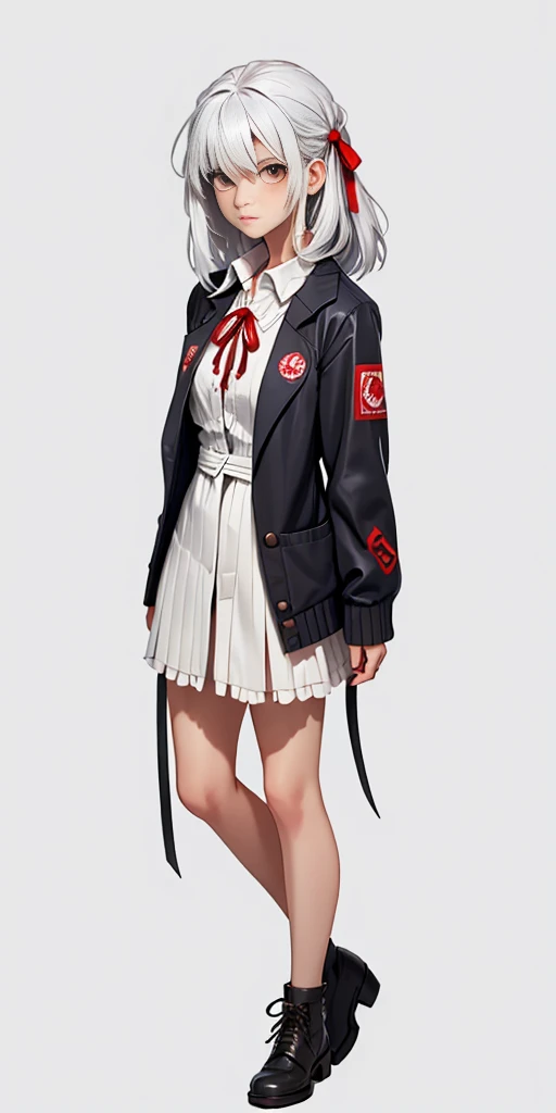 ((casual-style)), 1girl, solo, white hair, shirt, red ribbon, ribbon, looking at viewer, long hair, full body, white eyes, white shirt, grey eyes, hair between eyes, neck ribbon, collared shirt, cardigan, closed mouth, expressionless, jacket, simple background, frills, bangs, white background, long sleeves