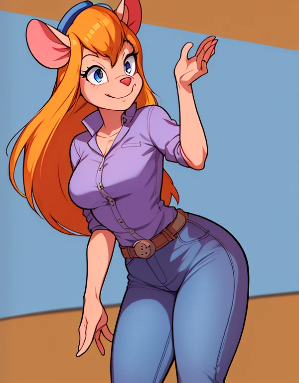 gadget_hackwrench, tiro de cowboy, sorriso, solo, Denim Jeans Pants, jaqueta pequena, botas altas, (alta qualidade: 1.2), obra-prima, detalhado, highres, 4k, sharp focus, estilo simples, desenho animado,