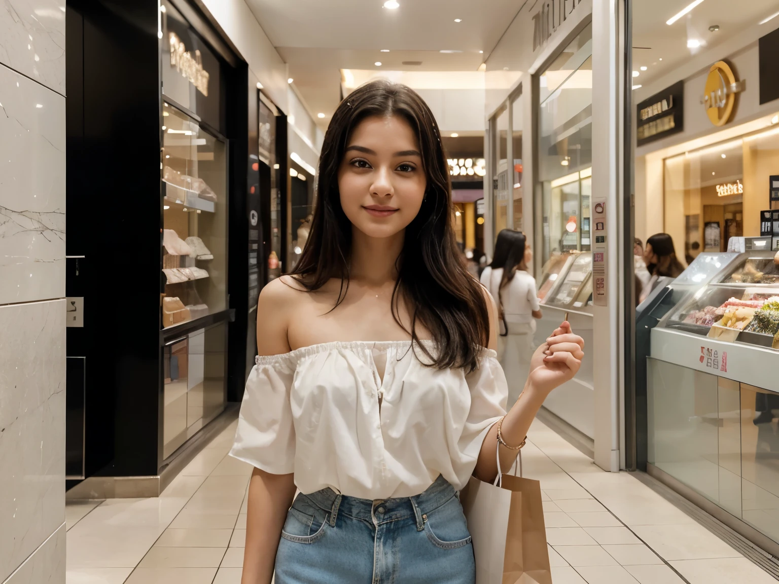 In this evocative image, a young woman with a pale and delicate complexion immerses herself in a different activity: enjoying a day at the shopping center. With her straight black hair falling elegantly over her shoulders and a slight smile playing on her lips, she radiates a combination of excitement and ease as she explores the stores and aisles of the mall. Dressed in an elegant and modern outfit, our charming protagonist moves gracefully between the boutiques and shop windows, delighting in the options that the place has to offer.
Her white eyes reflect the excitement and awe of her experience as she absorbs the hustle and bustle of the mall around her. The photograph captures the moment when our protagonist immerses herself in the vibrant and lively atmosphere of the place, with bright lights and striking colors that fill the space. The mall is full of people and activity, but our young protagonist seems to be in her own world, enjoying every moment of the experience.
Every detail of her serene expression and elegant presence stands out with astonishing clarity, inviting the viewer to join her on her journey of shopping and exploring. It is an image that celebrates the excitement and fun of spending time at the mall, reminding us of the importance of enjoying the little things and immersing ourselves in the experiences that everyday life brings us.