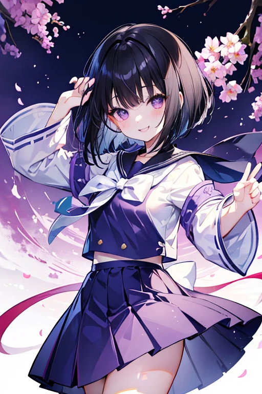 anime風のかわいい***,High resolution,Black Hair,Bob,fine,Active,Beautiful purple eyes,smile, A big smile、Short Hair、Light purple eyes、Beautiful eyes、Character portrait、Cute pose、Cute clothes、Sailor suit、Round eyes、Long eyelashes、anime、Shining Eyes、Cute face、楽しいsmile、Fashionable clothes、Simple Background、so beautiful、Active、Black Hair、