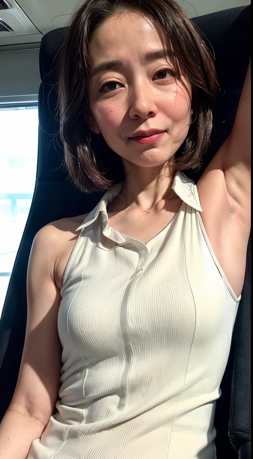 (Realistic:1.3、Ultra HD、Ultra-high resolution、8k、Japanese office lady、Sitting in a company chair、White collared shirt、Sleep on your back)、((Looking at the camera:1.8))、(Extremely realistic skin texture:1.4)、(Realistic:1.3)、short hair、(Embarrassed expression:1.5)、(blonde:1.1)、(40-year-old woman、Mature Woman)、Ponytail hairstyle、(Lift your left arm and show your armpit:1.3)、(Armpit close-up:1.4)、(Taken from left:1.3)、From above、Wet clothes