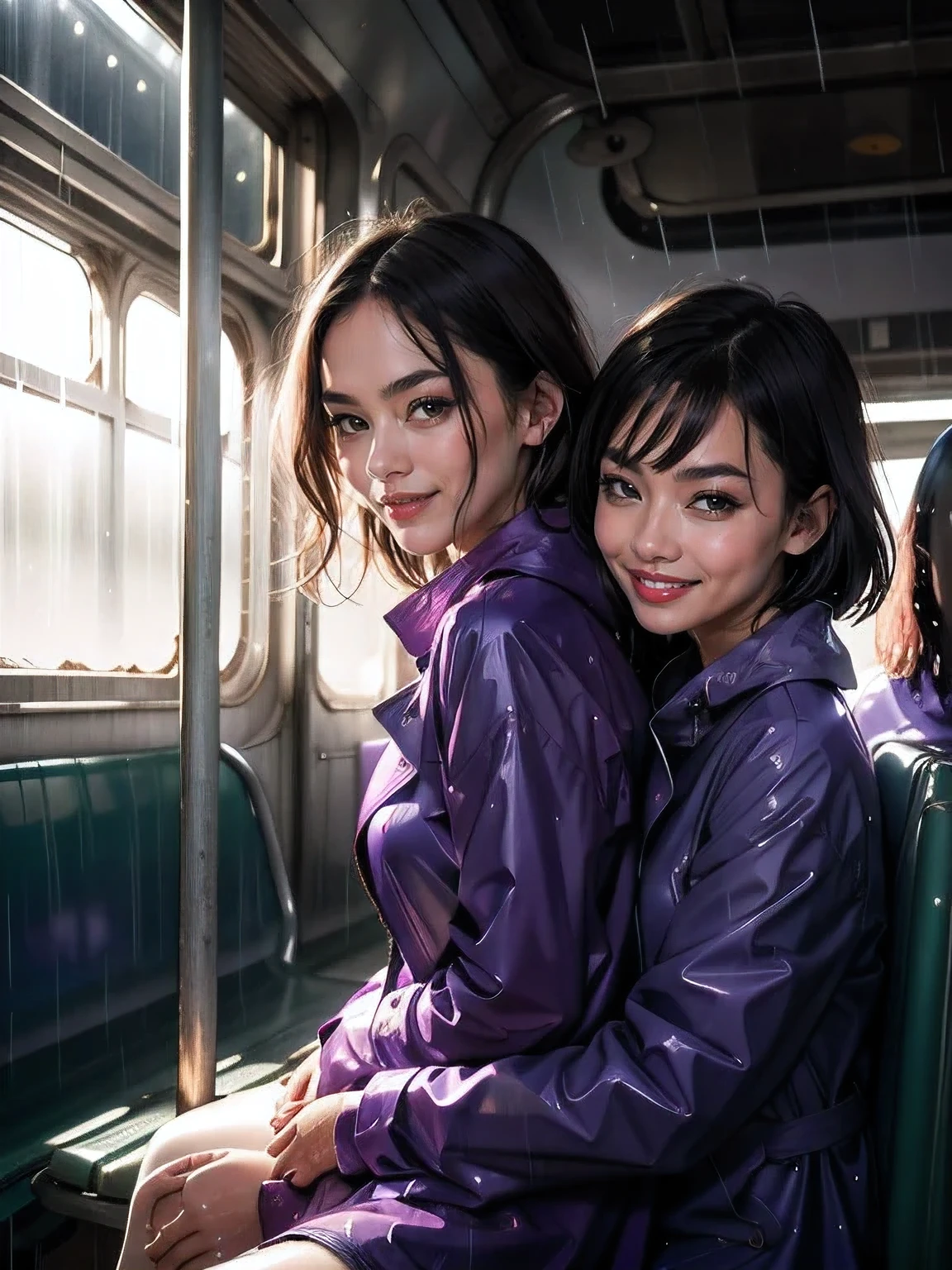 masterpiece, best quality, 2girls, (closeup), 18yo , slim, open purple raincoat, sitting, in abandoned train, hugging, lode, smile, heavy rain, downpour, flood, wasteland, grey, desolate, rain, sunny, (sun rays:1.3), watercolor,