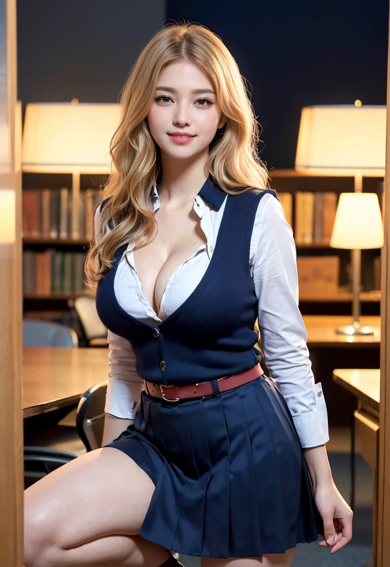 (((neat woman,Bright-eyed excitement,kind big smile,blush,blush,red cheek,please touch me,tempting viewer,i want you))),(((standing,hand between the legs,i can see your panties, very little cleavage))),((((blush,red cheek)))),(cinematic lighting), (Photo real:1.4)、(A hyper-realistic:1.4)、(Photorealistic:1.3)、 (gentle lighting: 1.05)、(Improve the lighting quality of your video:0.9)、 32k、25years old woman、photorealistic lighting、Back lighting、Facial Lights、Ray Trace、(bright:1.2)、(Increase quality:1.4)、 (best quality real texture skin)、Fair eyes,delicate face、 Close-up of the face, ((Wearing the white collared tight shirt,navy tight vest-dress uniform,(no printed navy pleated skirt),high-heel),(Bodyline mood improvement:1.1)、Glossy skin、Korean Idol、Nogizaka Idol、good figure,perfect anatomy,Beautiful actress,(((beautiful huge breasts,very little cleavage,slender waist,slender hip,long slender legs,8heads tall))),(((8heads tall))),(((blonde wavy hair,curtain bangs))),(((in the beautiful modern office of library,super clean night view,in the night))),