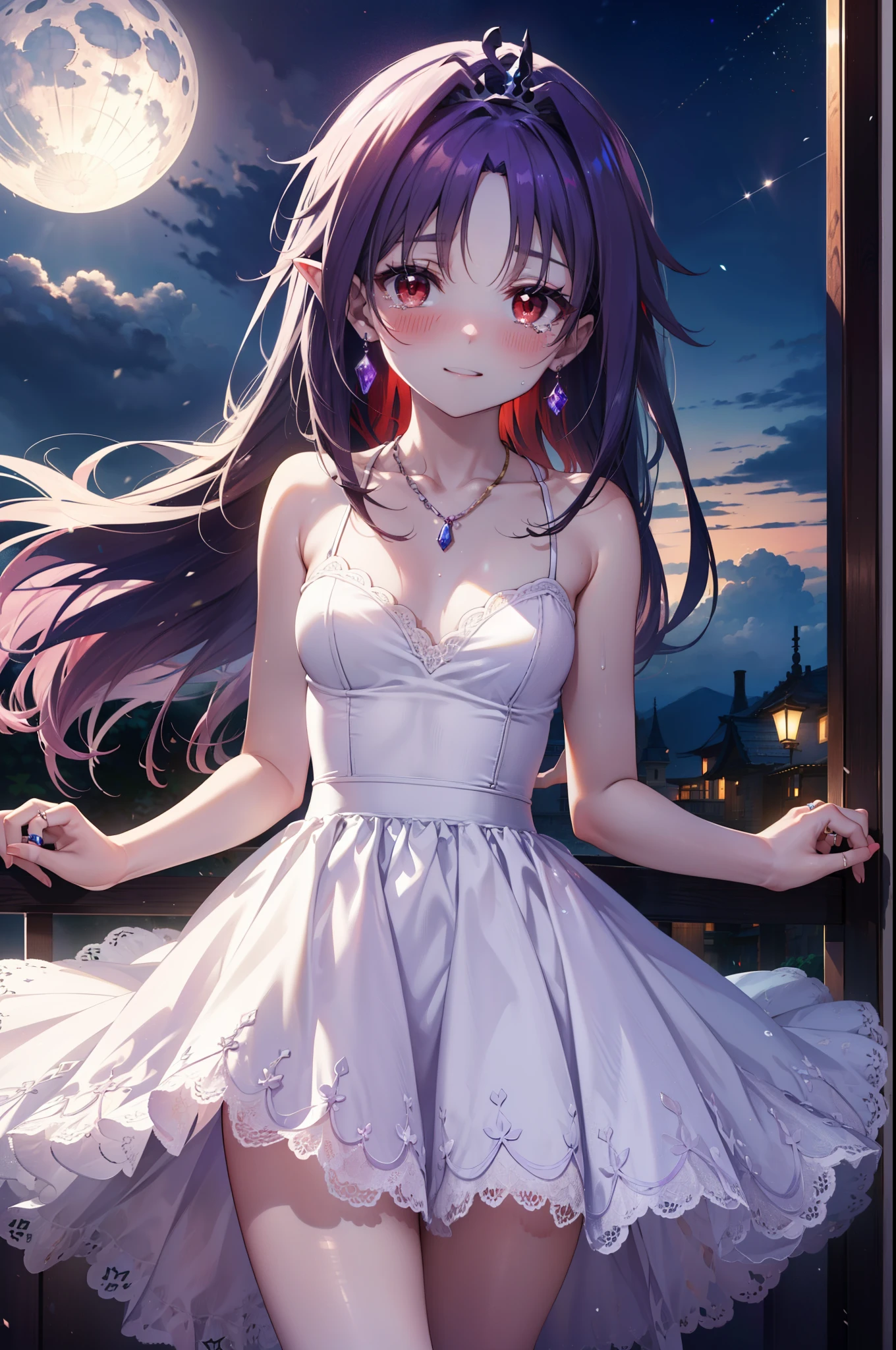 yuukikonno, Konno Yuuki,Long Hair, tiara,Pointed Ears, Purple Hair, (Red eyes:1.5), (Small breasts:1.2), smile,Purple Dress,Purple Long Skirt,Purple stiletto heels,Sleeveless,Expose your shoulders,Bare arms,Bare neck,bare clavicle,He is wearing a wedding ring on the ring finger of his left hand.,Heart Necklace,Tears stream down her face,Tears of joy,I cry a lot,Romantic night view,moonlight,
break outdoors, hill,
break looking at viewer, (Cowboy Shot:1.5),
break (masterpiece:1.2), highest quality, High resolution, unity 8k wallpaper, (shape:0.8), (Beautiful details:1.6), Highly detailed face, Perfect lighting, Extremely detailed CG, (Perfect hands, Perfect Anatomy),