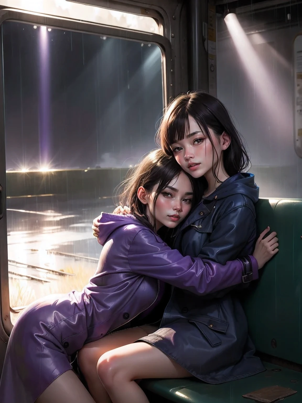 masterpiece, best quality, 2girls, (closeup), 18yo teen, slim, open purple raincoat, sitting, in abandoned train, hugging, lode, smile, heavy rain, downpour, flood, wasteland, grey, desolate, rain, sunny, (sun rays:1.3), watercolor,