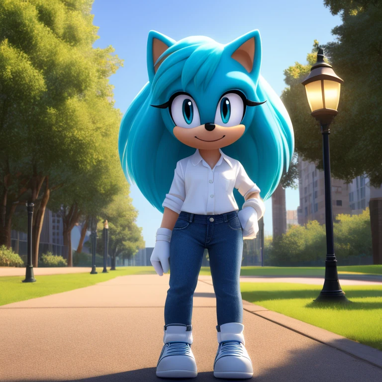 Sonic_(series), mobian, arctic fox, 1girl, solo, masterpiece, high quality, studio quality, intricate details, 4k, best quality, ultra-detailed, cinematic lighting, beautiful lighting, hi res, detailed, detailed background, vibrant lighting, white shirt, jeans, jean jacket, park, path, lamp post, trees, grass, standing, white sneakers, white gloves, cute, beautiful, small waist, wavy bangs, long hair, fluffy hair, long tail, fluffy tail, aqua hair, aqua eyes, white fur, white skin