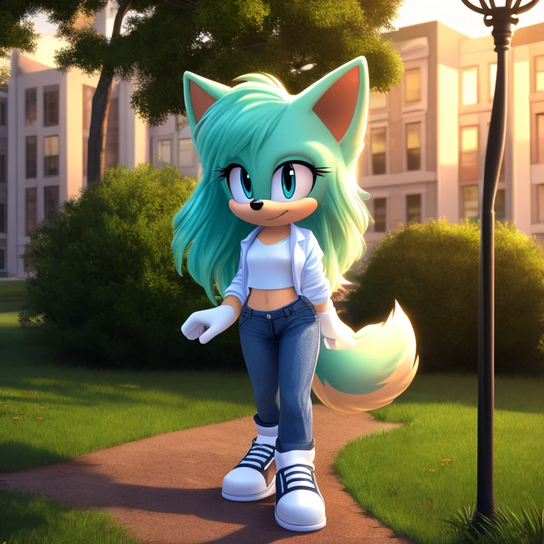 Sonic_(series), mobian, arctic fox, 1girl, solo, masterpiece, high quality, studio quality, intricate details, 4k, best quality, ultra-detailed, cinematic lighting, beautiful lighting, hi res, detailed, detailed background, vibrant lighting, white shirt, jeans, jean jacket, park, path, lamp post, trees, grass, standing, white sneakers, white gloves, cute, beautiful, small waist, wavy bangs, long hair, fluffy hair, long tail, fluffy tail, aqua hair, aqua eyes, white fur, white skin