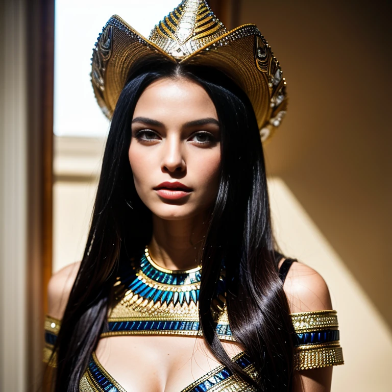 Queens of Ancient Egypt、Cleopatra、A beautiful woman、Beautifully detailed eyes、Beautifully detailed lips、Long eyelashes、Gorgeous Woman、(Cowboy Shot:1.37)、Elegant King's Pose、Sublime Beauty、Golden headpiece、flowing gown、Egyptian Hieroglyphics、Exotic background、Sunset lighting、Mysterious atmosphere、Elaborate Jewelry、(Complex eye makeup:1.4)、Gorgeous golden throne、Elaborate head dress、ancient egyptian symbols、Desert Background、(Sphinx)、(pyramid)、Dramatic Shadows、Detailed facial features、Bright colors彩、Luxurious fabrics、Historical accuracy、Clever Construction、Majestic Aura、Mysterious charm、Shining Beauty、Excellent craftsmanship、Rich texture、Decorative accessories、Exquisite environment、Royal Confidence、Theatrical presence、Captivating Gaze、Seductive attitude、Captivating Charm、Delicate hand gestures、A noble crown、Luxurious ornamentythological references、Symbolic Representations、Dignified elegance。 (highest quality、4K、High resolution、masterpiece:1.2)、Super detailed、(Real、Photorealistic、Photorealistic:1.37)、Bright colors、Professional Lighting、Sharp focus、Crisp details
