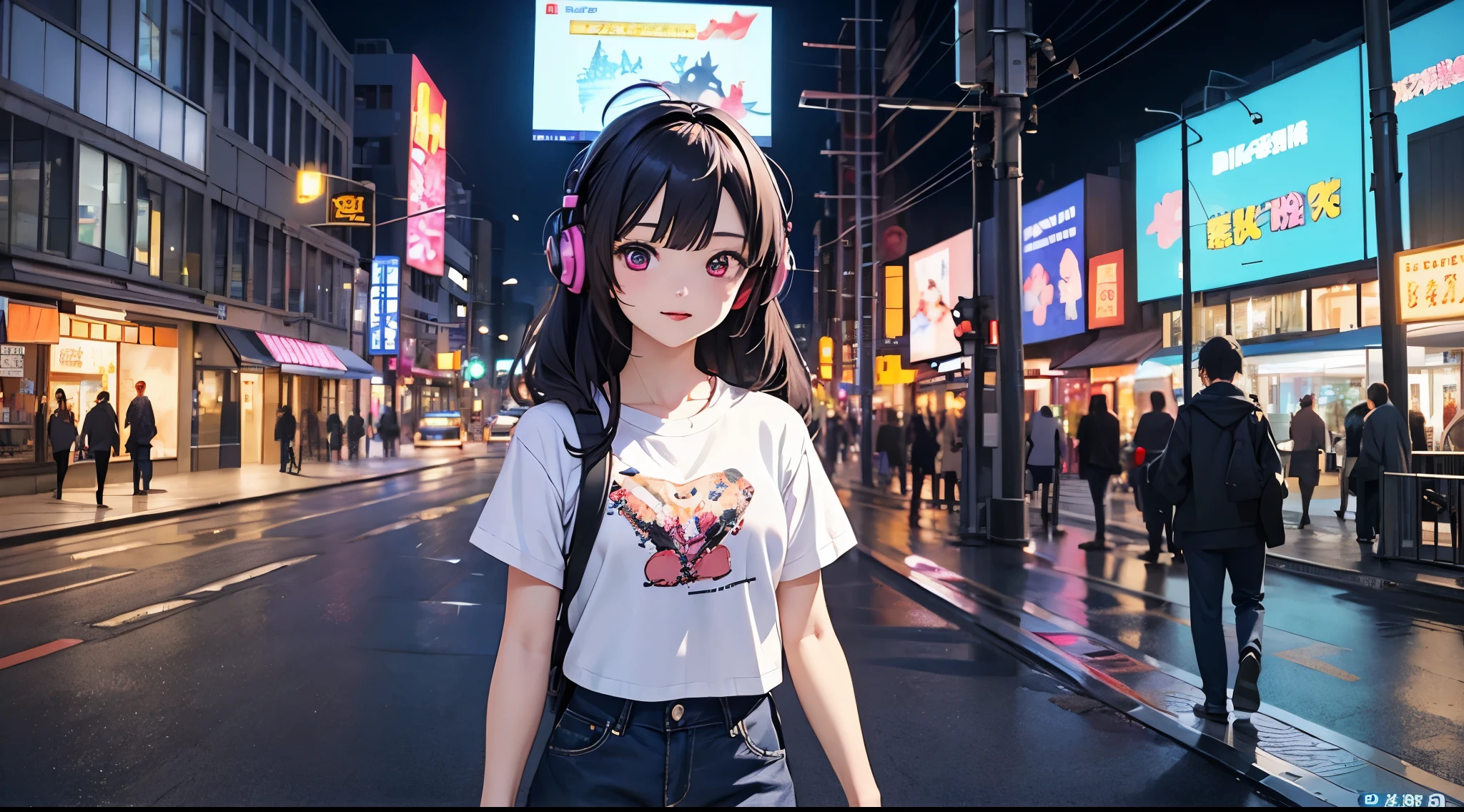 Anime girl walking through the city at night with headphones, City Night, Anime Style 4k, Girl with headphones, Neon Town, anime art wallpaper 4k, anime art wallpaper 4k, Anime Art Wallpapers 8K, LOFI Girl, summer night, Nightcore, , Wearing a white T-shirt, Summer concept art, Digital anime illustration, Anime atmosphere, 4k anime wallpaper