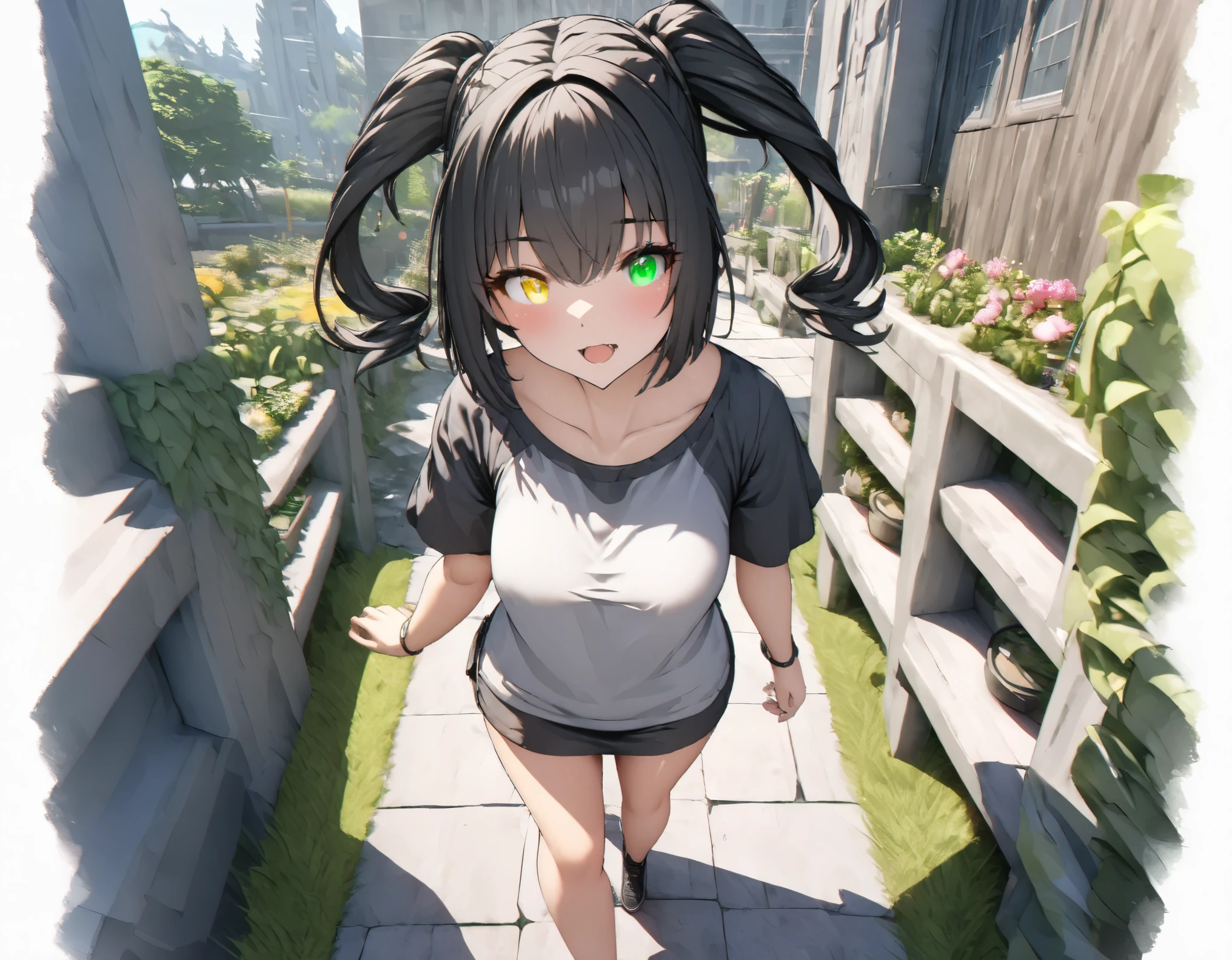 (((best quality ultra-detailed,unity 8k))),1 girl,Shiny Hair,(((twin drill))),short hair,(heterochromia green eye yellow eye),Black Hair,Walking.garden,mediumbreasts:1.3,Casual attire,