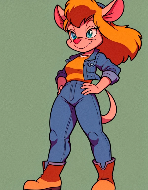 gadget_hackwrench, cowboy shot, smile, solo, Denim Jeans Pants, small jacket, high boots, (high quality: 1.2), masterpiece, detailed, highres, 4k, sharp focus, simple style, cartoon, back view, mouse tail