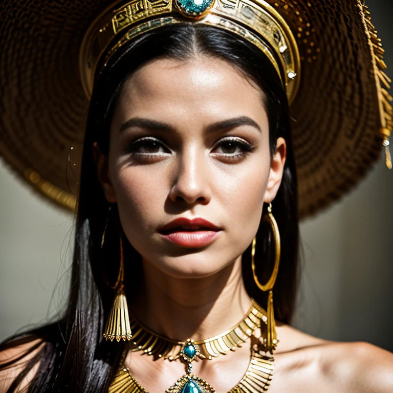 Queens of Ancient Egypt、Cleopatra、A beautiful woman、Beautifully detailed eyes、Beautifully detailed lips、Long eyelashes、Gorgeous Woman、(Cowboy Shot:1.4)、Elegant King's Pose、Sublime Beauty、Golden headpiece、flowing gown、Egyptian Hieroglyphics、Exotic background、Sunset lighting、Mysterious atmosphere、Elaborate Jewelry、(Complex eye makeup:1.4)、Gorgeous golden throne、Elaborate head dress、ancient egyptian symbols、Desert Background、(Sphinx)、(pyramid)、Dramatic Shadows、Detailed facial features、Bright colors彩、Luxurious fabrics、Historical accuracy、Clever Construction、Majestic Aura、Mysterious charm、Shining Beauty、Excellent craftsmanship、Rich texture、Decorative accessories、Exquisite environment、Royal Confidence、Theatrical presence、Captivating Gaze、Seductive attitude、Captivating Charm、Delicate hand gestures、A noble crown、Luxurious ornamentythological references、Symbolic Representations、Dignified elegance。 (highest quality、4K、High resolution、masterpiece:1.2)、Super detailed、(Real、Photorealistic、Photorealistic:1.37)、Bright colors、Professional Lighting、Sharp focus、Crisp details
