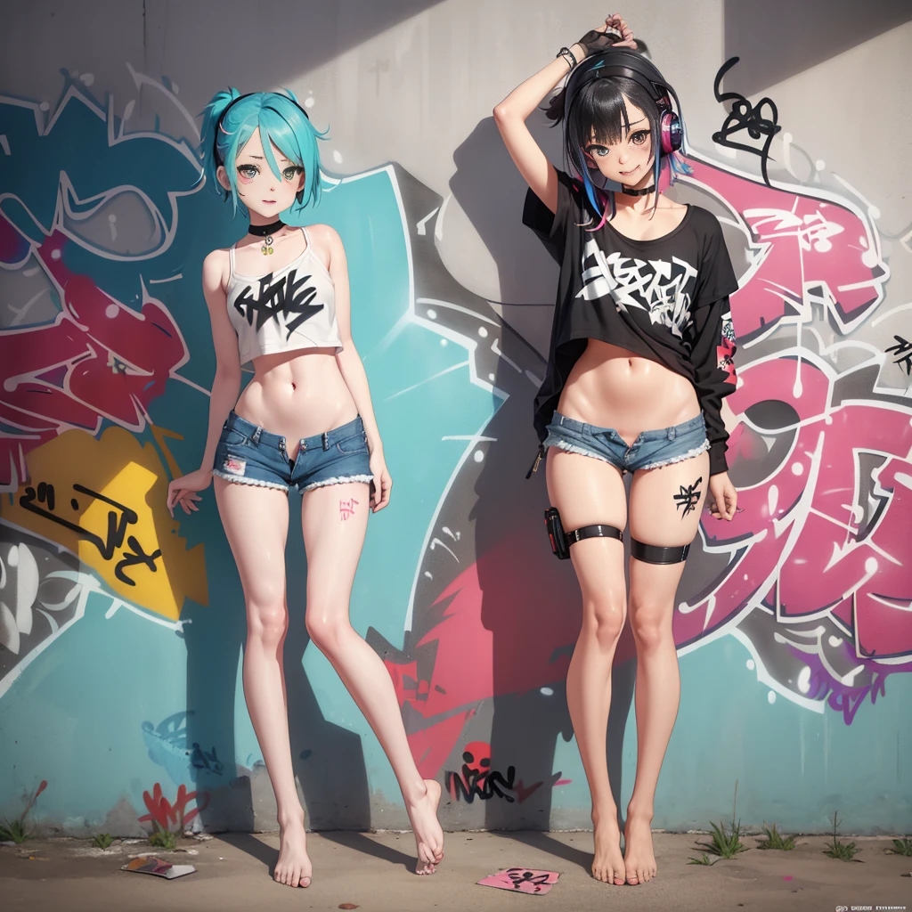 one women, Rainbow style, cyberpunk women, ​masterpiece, best quality, 1 girl, alone, Short top, Jeans-Shorts, neck ribbon, (Graffiti:1.5), paint splatters, Arms behind the back, against the wall, Viewers look at, 手链, thigh strap, Color on the body, Head tilt, bored, multi-colored hair, aqua eyes, Headset,，Art stations，Bunte paint splatters，Contours，Unreal Engine，Like a dream，Intricate detailing，Boat picture，Complementary colors，fantasy concept art，8k-Auflösung，Perverted&#39;masterpiece，Oil painting，hit，Rainbow Skins，((black)),, (((Dressed in modern clothes))), Girls, with long, flowing silver hair, piercing blue eyes, and pointed ears. Her attire should be a blend of dark, sleek armor and mystical elements, adorned with intricate designs and glowing runes. She is in a dynamic, action-oriented pose, holding dual daggers with an ethereal glow. The background should be a dark, mystical forest or an ancient, ruined temple, with a moonlit sky casting an eerie glow. The overall style should reflect the detailed, fantasy-rich art of Lineage 2, with vibrant colors, dramatic lighting, and a sense of magical realism.、permission 8k、complex parts、Toned waist、Wide buttocks、Эффект Тиндаллаmasuter piece、top quality、Highest standards、Highest image quality、table、complex parts、a high resolution、depth of field、natural soft light、professional lighting、about, standing, very long hair, cowboy shot, brilliant, brilliant hair, (night:1.2),Dreamy, [[gentle fingers and hands:0.55]::0.85],(detailed fingers),),(emotional),(breathtaking),(main part:1.2) whole body.), (Anime Style), (Super Detailed), (brutal), (uhd, HDR), (8k), (High Resolution: 1.2), (Complex and Beautiful: 1.2)