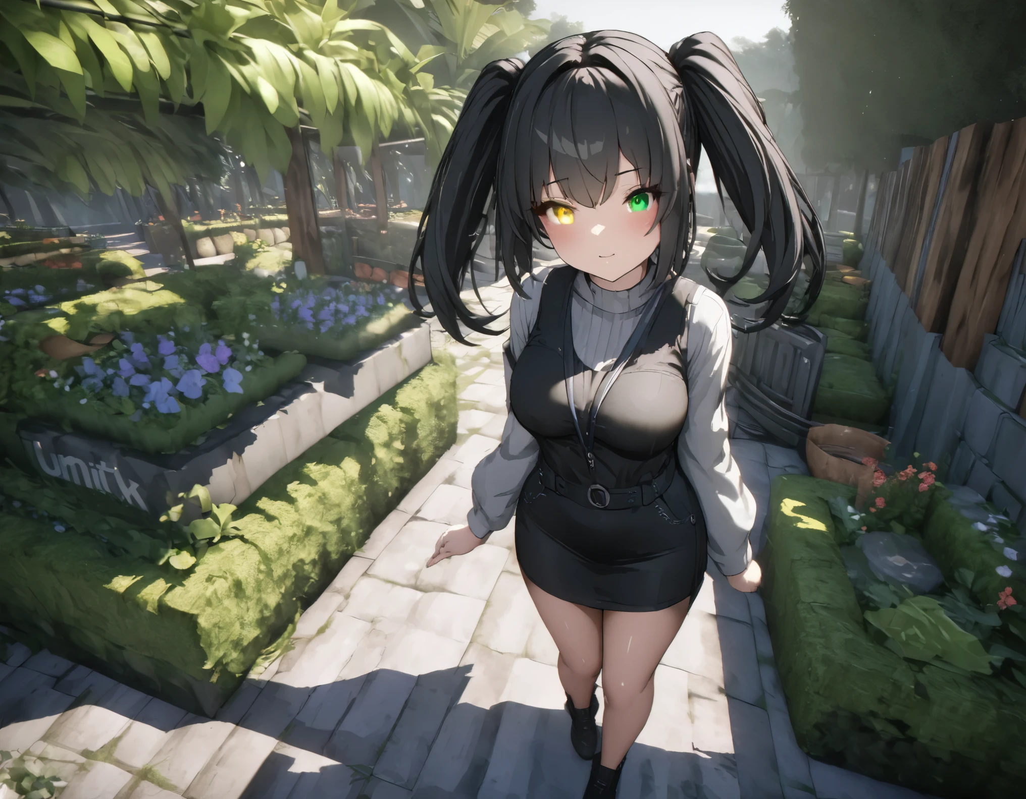 (((best quality ultra-detailed,unity 8k))),1 girl,Shiny Hair,(((low twin tail)),short hair,(heterochromia green eye yellow eye),Black Hair,Walking.garden,mediumbreasts:1.3,Casual attire,