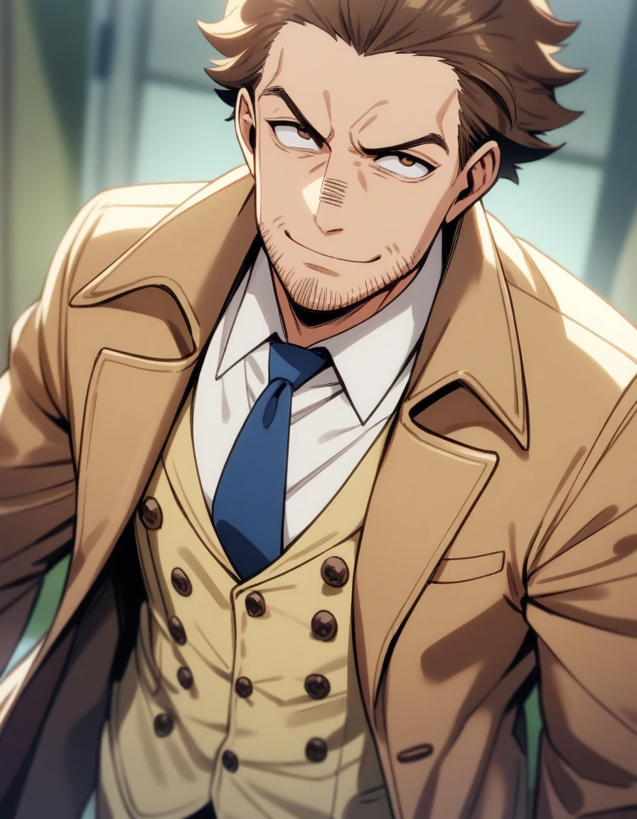 masterpiece, best quality, very aesthetic, absurdres, 1man, goofy mature detective, boned nose, wavy slicked back spiked hair, yellow_brown hair, BREAK shihaku, brown eyes, dandy, pleasant, virile, stubble, square shaped, large eyes, ugly, softboiled, solo, upperlegs, white collared_shirt, blue necktie, trench_coat, dark worn-out suit, light smile, standing, BREAK in eroge style, visual novel, 1970s