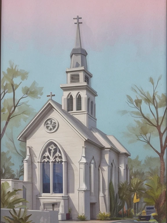 Ultra-realistic 8k, hd image quality, sharp detail, 2-story (((Church :1.3))) house, main materials: white walls, wooden ceiling accents, large glass windows, roads, cars, sidewalks, American Palm trees high, has a small alley, located in a residential area, modern style, shimmering sky, sunset light, feels peaceful, beautiful, close and warm, ((Warm light from indoor:1.3)), (daylight:1.2), perfect lighting,dynamic light,2 large glass doors,((1 large glass window:1.3)), (night light), (colorful flowers in front of the house)