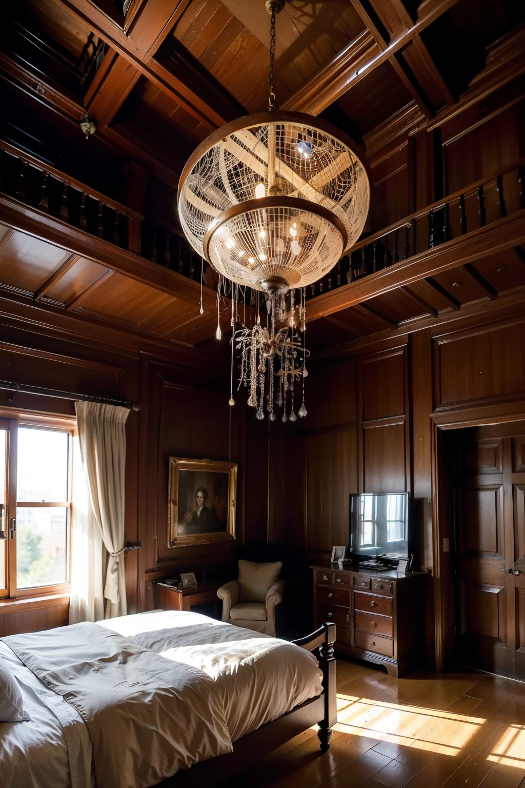 Describe a room full of ancient atmosphere,Spider webs hanging from the ceiling,It implies the passage of time and the desolation of the environment.。