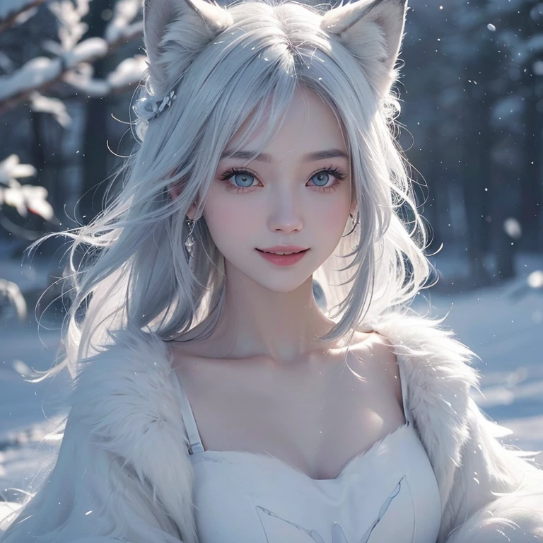 snowing mountain、white wolf、 ((highest quality、masterpiece、8k、best image quality、ultra high resolution、Award-winning work)、(accurate anatomy:1.1)、(look at me and smile:1.1)、Shining fair skin with ultra high resolution、most detailed face、ultra high resolution detailed face、white short hair flowing 、Beautiful face drawn in every detail、(blurred background:1.1)、 Inuit fur clothing, chest together, real wolf beside the girl 