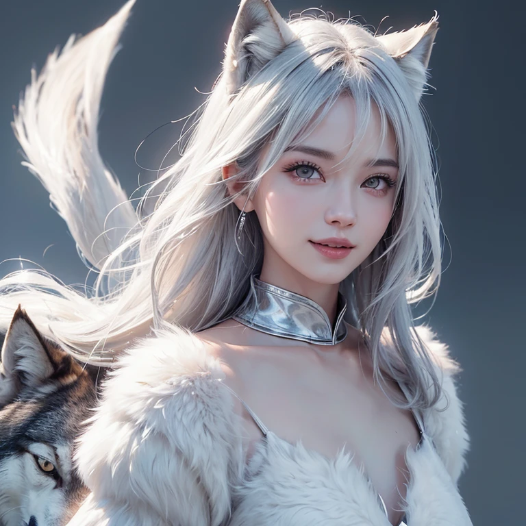 snowing mountain、white wolf、 ((highest quality、masterpiece、8k、best image quality、ultra high resolution、Award-winning work)、(accurate anatomy:1.1)、(look at me and smile:1.1)、Shining fair skin with ultra high resolution、most detailed face、ultra high resolution detailed face、white short hair flowing 、Beautiful face drawn in every detail、(blurred background:1.1)、 Inuit fur clothing, chest together, real wolf beside the girl 