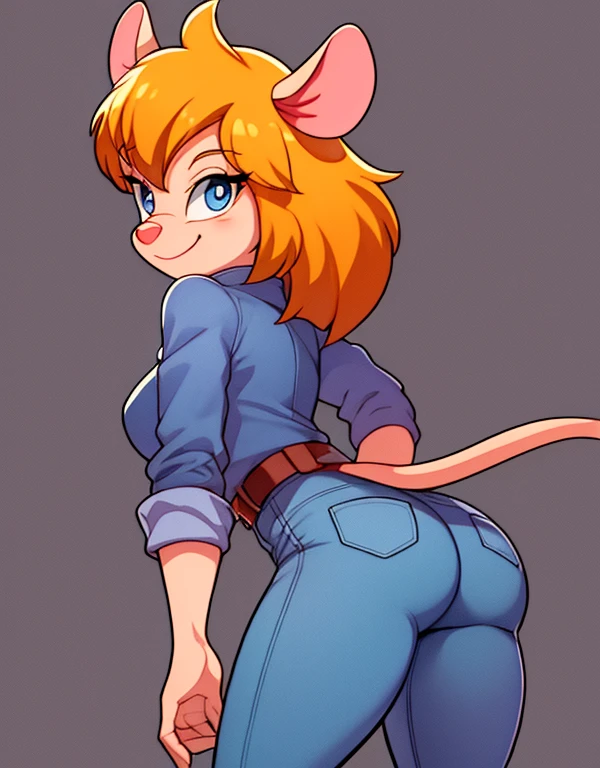 gadget_hackwrench, cowboy shot, smile, solo, Denim Jeans Pants, small jacket, high boots, (high quality: 1.2), masterpiece, detailed, highres, 4k, sharp focus, simple style, cartoon, back view, mouse tail, ass, sexy, spread ass