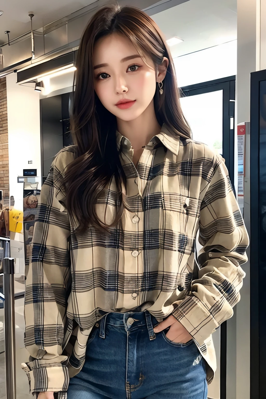 jeans、Plaid check shirt、Pump、Delicate face、Delicate lips、Delicate eyes、Smooth and radiant skin、The only person