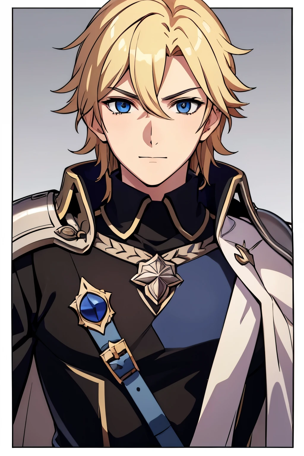 (high-quality, breathtaking),(expressive eyes, perfect face) 1boy, male, solo, portrait, half body, young adult, age 18, Fire Emblem Awakening, Symmetrical Eyes, Fire Emblem, golden blonde hair color, short hair length, messy wavy hair, upper body, blue eyes, positive expression, charming smile, detailed eyes, kind expression, blonde brown hair, narrow eyes, kind expression, benevolent prince, grey background, detailed eyes, black armor, pink trim, cape, Fire Awakening Art Style, Brave Chrom Fire Emblem Heros
