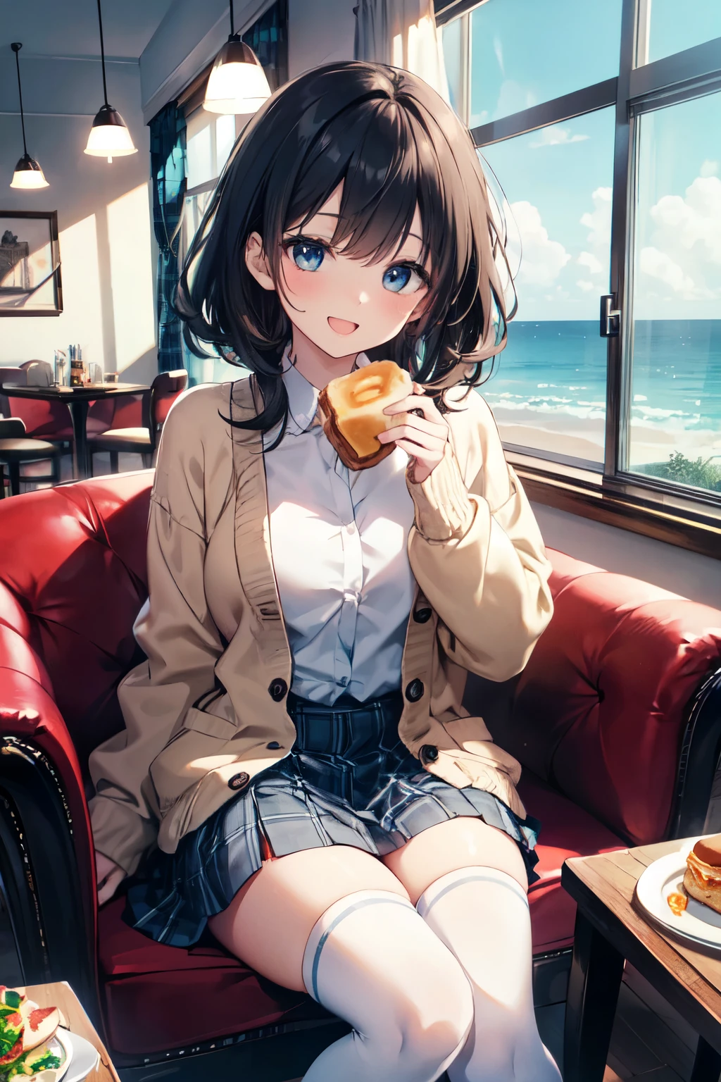 very cute and beautiful girl sitting on chair of cafe,(highly detailed beautiful face),
white blouse,laugh,happy,(beige cardigan) BREAK zettai ryouiki,black hair,
(blue plaid mini skirt:1.2),(cups of tea),(honey toasts on plate),(salad in bowl),window,ocean view,
(best quality,masterpiece:1.0),absurdres,highres,ultra-detailed,extremely detailed,32k,8k resolution,
intricate details,cinematic scene,detailed background,solo,dynamic angle,