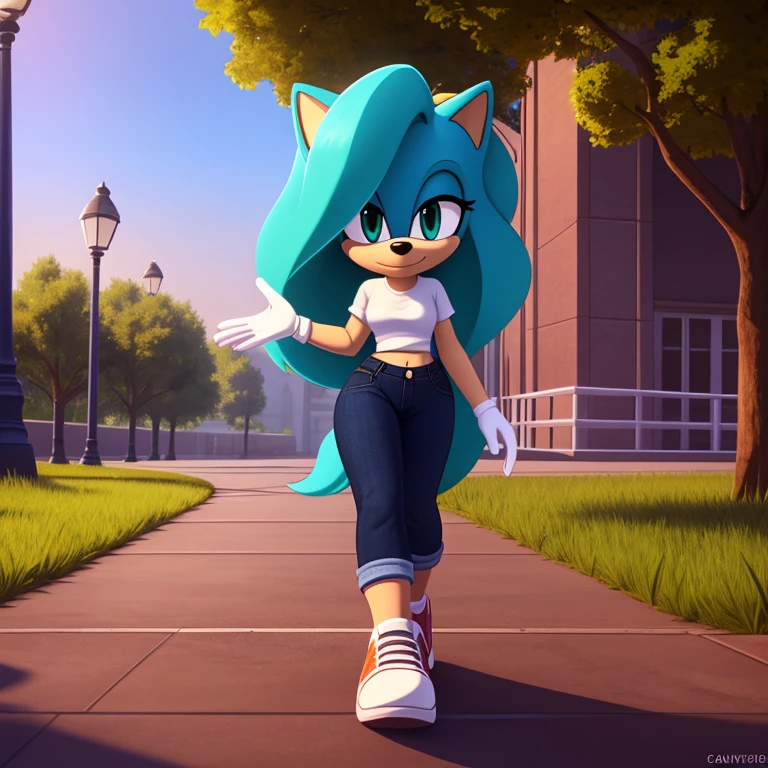 Sonic_(series), mobian, arctic fox, 1girl, solo, masterpiece, high quality, studio quality, intricate details, 4k, best quality, ultra-detailed, cinematic lighting, beautiful lighting, hi res, detailed, detailed background, vibrant lighting, white shirt, jeans, jean jacket, park, path, lamp post, trees, grass, standing, white sneakers, white gloves, cute, beautiful, small waist, wavy bangs, long hair, fluffy hair, long tail, fluffy tail, aqua hair, aqua eyes, white fur, white skin