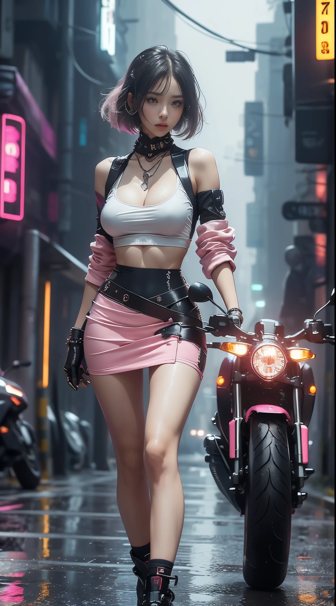 (Practical:1.3, 16K, best quality, masterpiece, Ultra-high resolution), ((light rain, From below)), Perfect dynamic composition:1.2, (Modern futuristic city at night, Sad expression:0.5, motorcycleに乗る), Highly detailed skin and facial texture, Japanese young woman, Ultra-thin body, White skin, Sexy Beauty, Very beautiful face, Beautiful and beautiful, (Pink tight skirt, Wear cyberpunk clothes), (Full breasts, chest gap), (Big eyes that exude beauty, Lips that exude beauty), necklace, earrings, bracelet, ring, Shoulder Bags, bell, sunglasses, motorcycle, Cowboy shooting