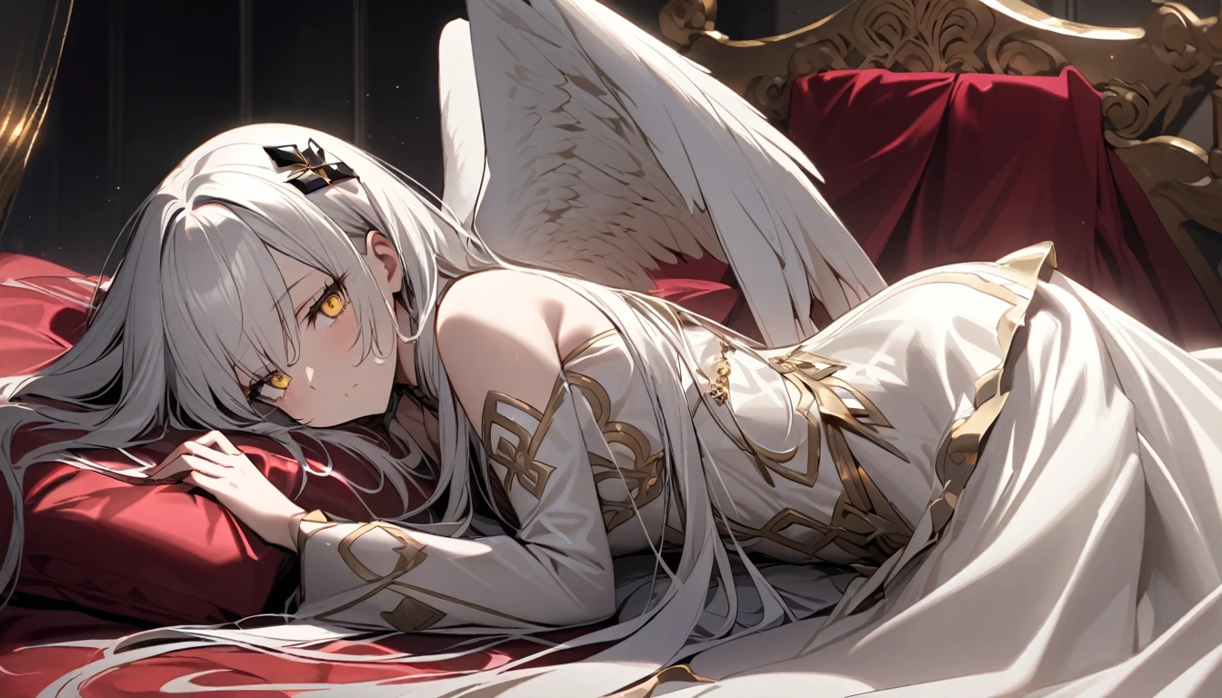 One woman, flowing white hair, melancholy eyes, yellow eyes, black diamond-shaped hairpin, dressed in angelic clothes made of silk, angel wings, luxurious silk bed, Lie face down and looking at us from the side,