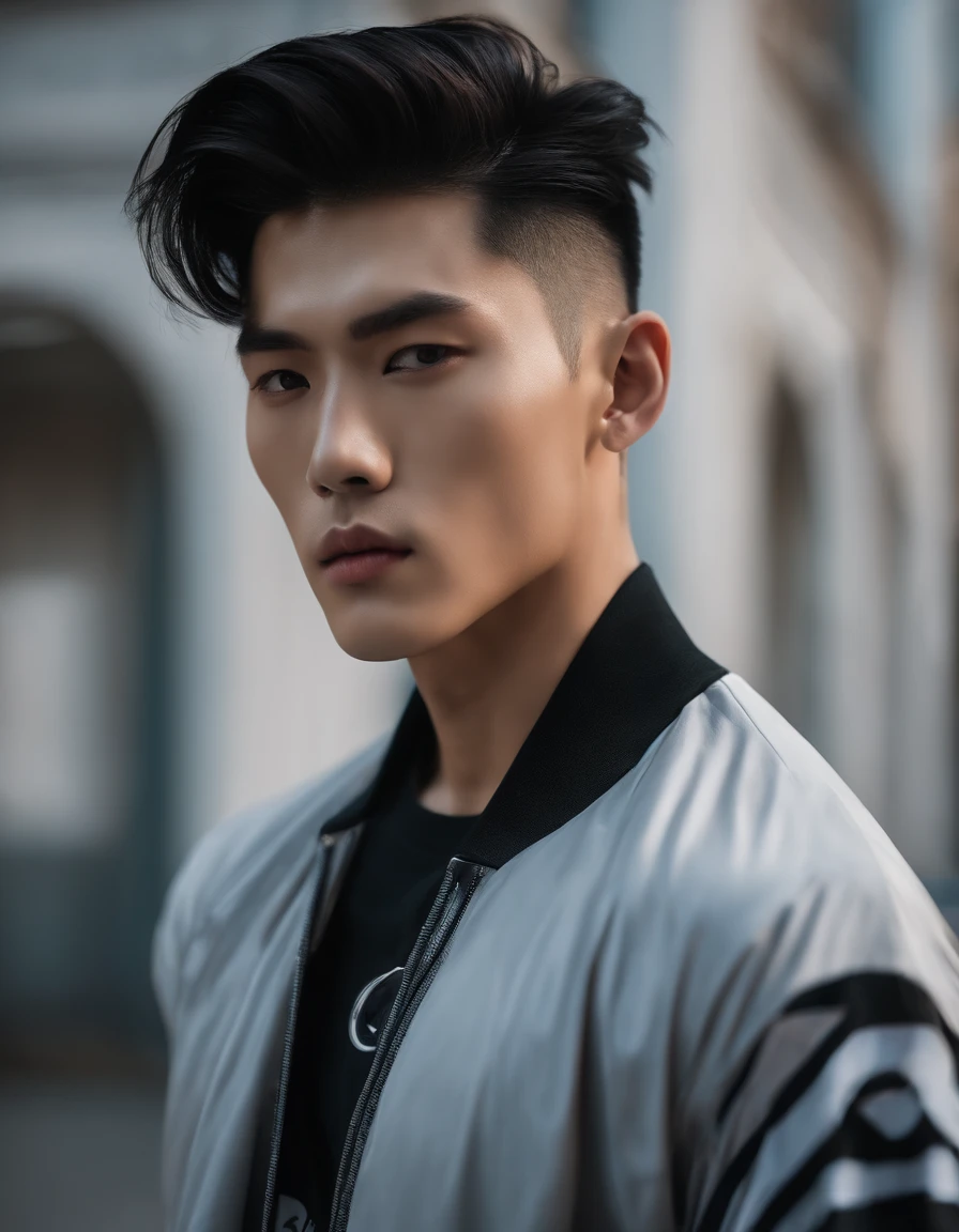 fashion photo of a Korean male model with black undercut hair, wearing a t-shirt with a gym logo in a cinematic flash style
