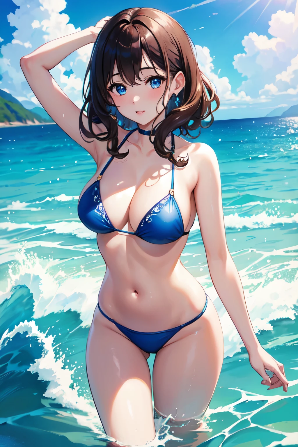 (((masterpiece、high resolution、high quality、Delicate、Ultra-high resolution、8k)))One female、Brown Hair、Curly Hair、Blue Eyes、Dense lips、Glowing Skin、Micro Bikini、BREAK,Ocean、Big Wave、beach、water droplets、sunlight、Blue sky
