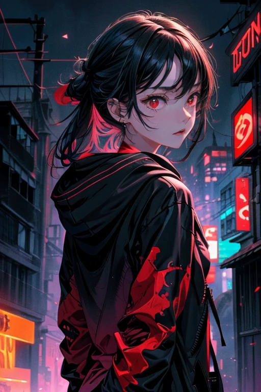 1girl,solo,cool,beauty,gallant,neon,dark,darkness,red eyes,black hair,black hoodie,put on the hood,upper body focus,city background, back alley