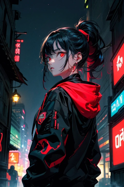 1girl,solo,cool,beauty,gallant,neon,dark,darkness,red eyes,black hair,black hoodie,put on the hood,upper body focus,city background, back alley