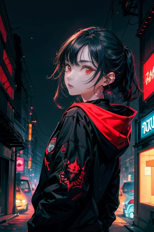 1girl,solo,cool,beauty,gallant,neon,dark,darkness,red eyes,black hair,black hoodie,put on the hood,upper body focus,city background, back alley