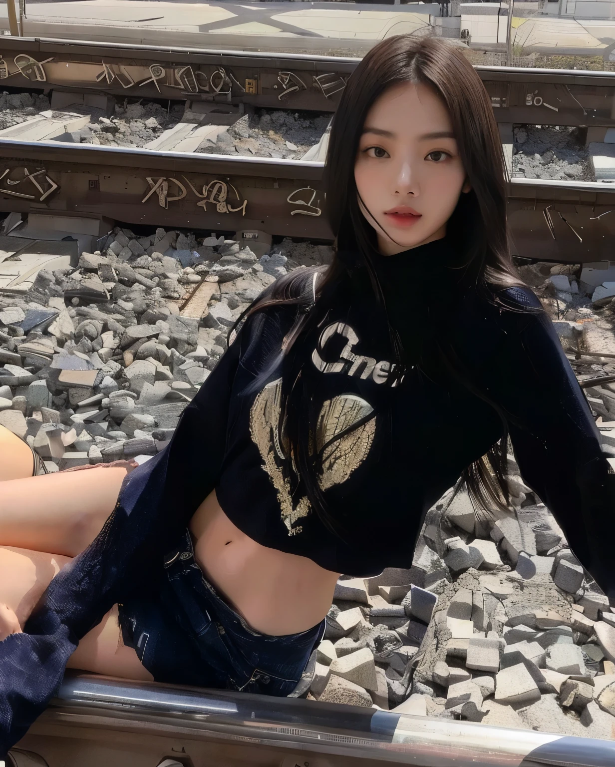 araffed asian woman sitting on train tracks with her legs crossed, 2 4 year old female model, profile pic, asian girl, casual pose, instagram model, young asian girl, she is wearing streetwear, attractive pose, gemma chen, asian women, distorted pose, with ripped crop t - shirt, taken in the early 2020s, beautiful asian girl