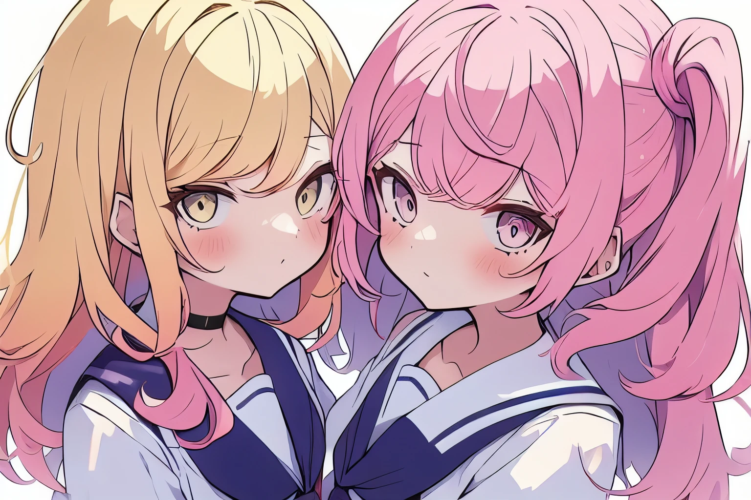 2 people, 2 girls, 2; Pink hair; white school uniform; yellow hair, blue 
