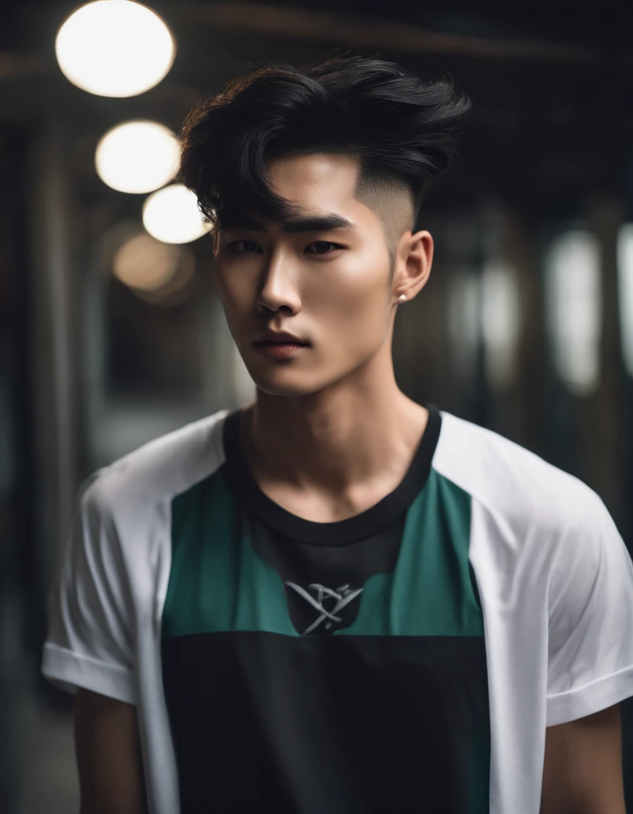 fashion photo of a Korean male model with black undercut hair, wearing a t-shirt with a gym logo in a cinematic flash style