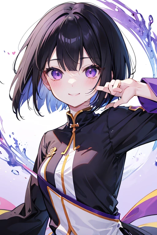 anime風のかわいい女の子,High resolution,Black Hair,Bob,fine,Active,Beautiful purple eyes,smile, A big smile、Short Hair、Light purple eyes、Beautiful eyes、Character portrait、Cute pose、Cute clothes、Round eyes、Long eyelashes、anime、Shining Eyes、Cute face、楽しいsmile、Fashionable clothes、Simple Background、so beautiful、Active、Black Hair、Inner Color、