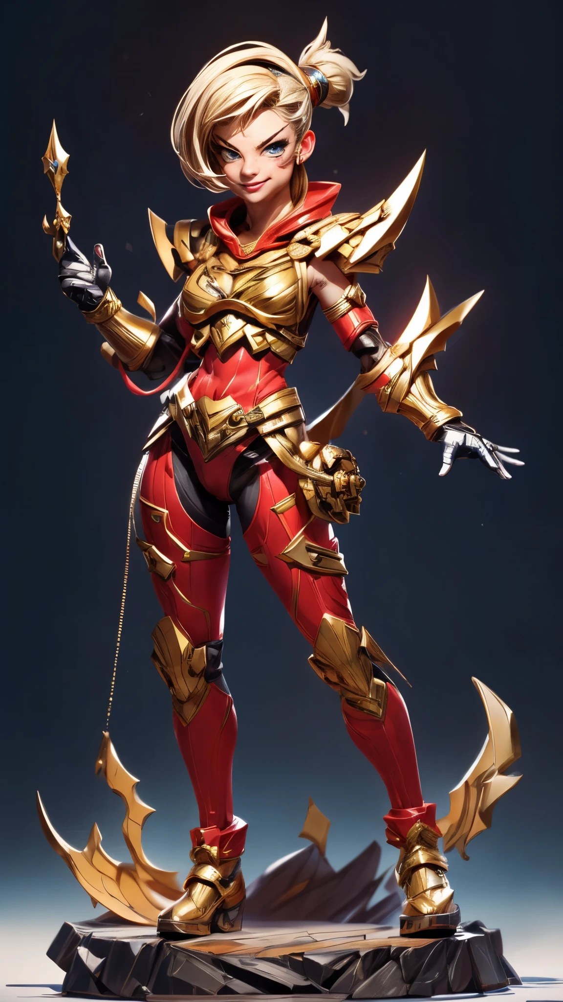 (best quality,4k,8k,highres,masterpiece:1.2),ultra-detailed, An action figure of a Alien Princess, with lightning powers and stylized golden electric armor, short blond hair, strutting her stuff, Smiling and laughing, Flirting with the viewer, ((Fullbody-shot)) HDR, 8k, absurdres, cinestill 800, sharp focus, add_detail:2 (1woman, solo)
