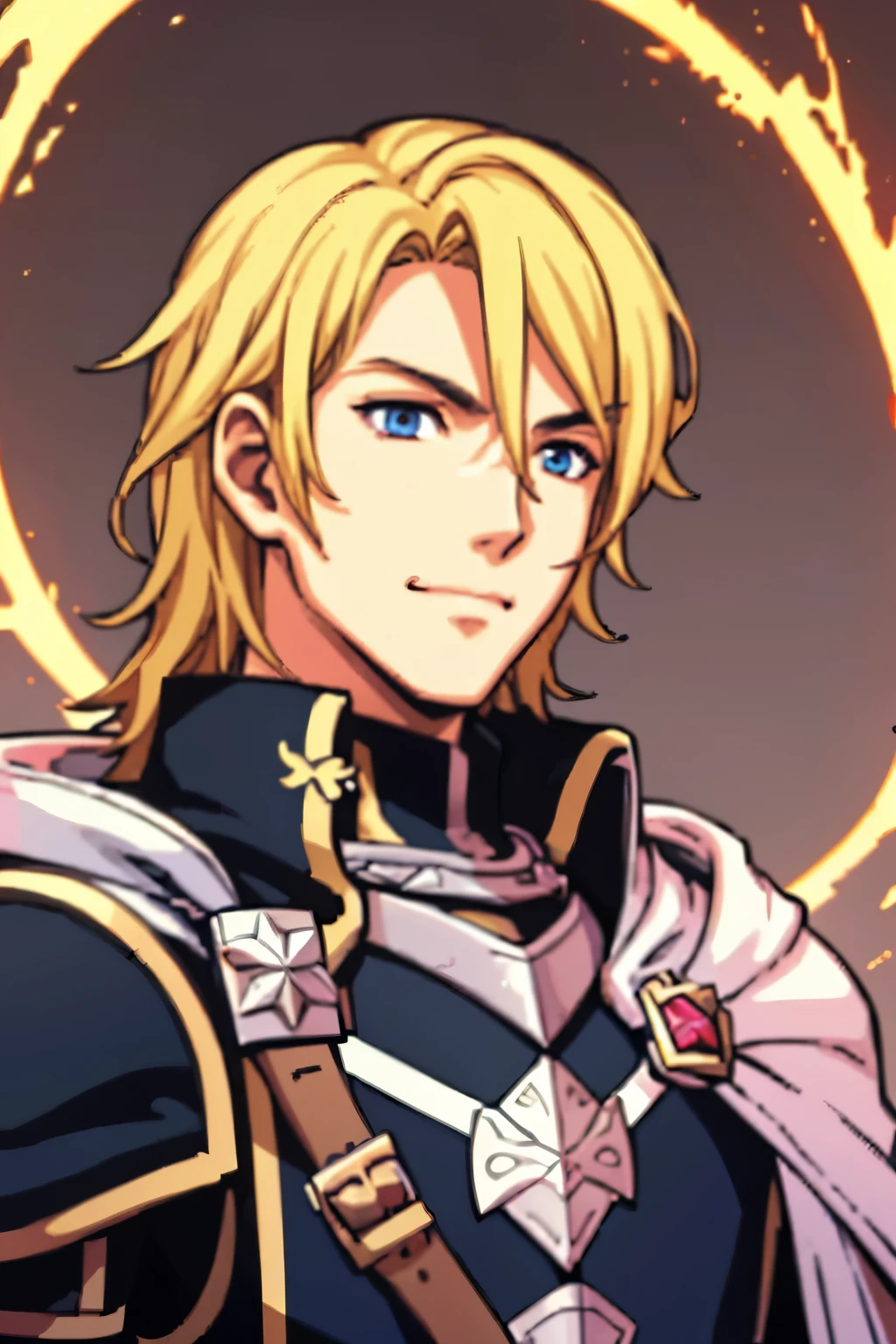 (high-quality, breathtaking),(expressive eyes, perfect face) 1boy, male, solo, portrait, half body, young adult, age 18, Fire Emblem Awakening, Symmetrical Eyes, Fire Emblem, golden blonde hair color, short hair length, messy wavy hair, upper body, blue eyes, positive expression, charming smile, detailed eyes, blonde brown hair, narrow eyes, kind expression, benevolent prince, grey background, detailed eyes, black armor, pink trim, cape, Fire Awakening Art Style, Brave Chrom Fire Emblem Heros
