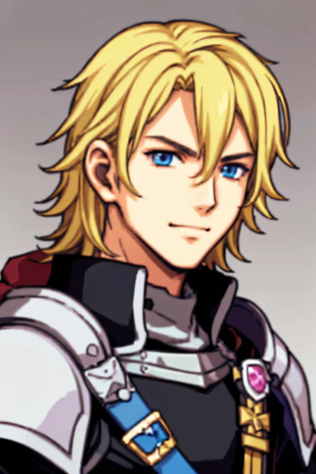 (high-quality, breathtaking),(expressive eyes, perfect face) 1boy, male, solo, portrait, half body, young adult, age 18, Fire Emblem Awakening, Symmetrical Eyes, Fire Emblem, golden blonde hair color, short hair length, messy wavy hair, upper body, blue eyes, positive expression, charming smile, detailed eyes, blonde brown hair, narrow eyes, kind expression, benevolent prince, grey background, detailed eyes, black armor, pink trim, cape, Fire Awakening Art Style, Brave Chrom Fire Emblem Heros
