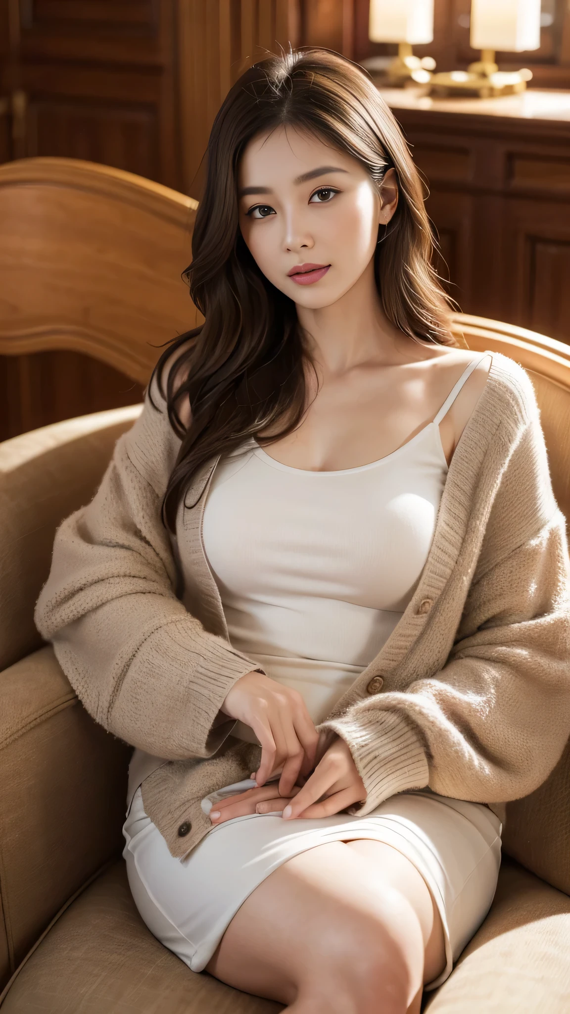 ((masterpiece)), ((highest quality)), (super detailed), Beautiful woman ,alone, beautiful light brown hair, long wavy hair , ((beautiful eyes)), huge breasts , baggy clothes , ~ side , cleavage, No underwear, perfect body,  put your hands behind your back, kneel on the floor
